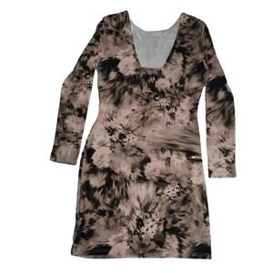 Jennifer Lopez body con abstract midi summer dress stretch long sleeve brown L